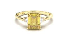 Load image into Gallery viewer, Vintage Style Ring with Yellow Emerald Cut Citrine Surrounded by Two White Trilliant Diamonds | Heritage Retro III
