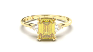 Vintage Style Ring with Yellow Emerald Cut Citrine Surrounded by Two White Trilliant Diamonds | Heritage Retro III