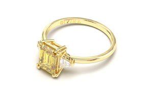 Vintage Style Ring with Yellow Emerald Cut Citrine Surrounded by Two White Trilliant Diamonds | Heritage Retro III