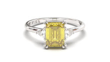 Load image into Gallery viewer, Vintage Style Ring with Yellow Emerald Cut Citrine Surrounded by Two White Trilliant Diamonds | Heritage Retro III
