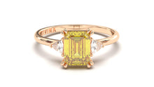 Load image into Gallery viewer, Vintage Style Ring with Yellow Emerald Cut Citrine Surrounded by Two White Trilliant Diamonds | Heritage Retro III
