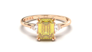 Vintage Style Ring with Yellow Emerald Cut Citrine Surrounded by Two White Trilliant Diamonds | Heritage Retro III