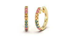 Load image into Gallery viewer, Huggie Earrings with Multi-Colored Round Sapphires | Kaleidoscope Harlequin I
