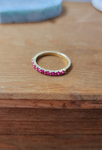 Yellow Gold Ring Band with Round Natural Rubies in Half Shank Arrangement