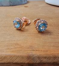Load image into Gallery viewer, Pink Gold Earring Studs with White Diamonds and Light Blue Natural Zircon
