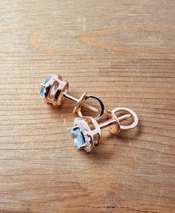 Pink Gold Earring Studs with White Diamonds and Light Blue Natural Zircon