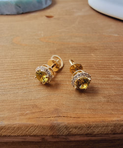 Yellow Gold Unique Earring Studs with White Accent Diamonds and Mali Garnet 1.05 CW