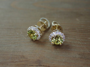 Yellow Gold Unique Earring Studs with White Accent Diamonds and Mali Garnet 1.05 CW