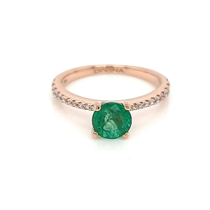 Solitaire Round Emerald Ring with Accent White Diamonds on the Shank in 18K Rose Gold