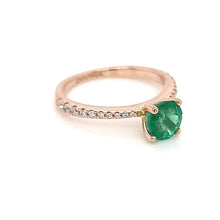 Load image into Gallery viewer, Solitaire Round Emerald Ring with Accent White Diamonds on the Shank in 18K Rose Gold
