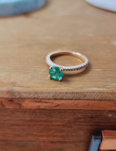 Load image into Gallery viewer, Solitaire Round Emerald Ring with Accent White Diamonds on the Shank in 18K Rose Gold
