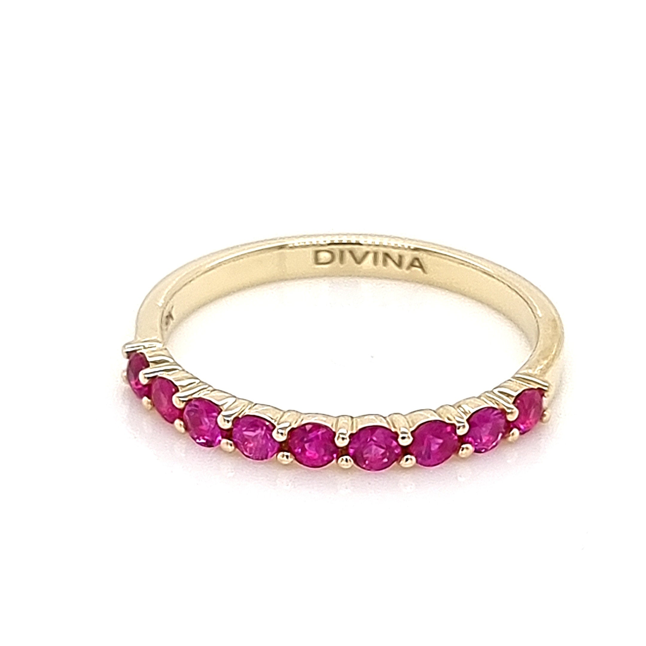 Yellow Gold Ring Band with Round Natural Rubies in Half Shank Arrangement