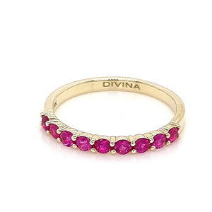 Yellow Gold Ring Band with Round Natural Rubies in Half Shank Arrangement