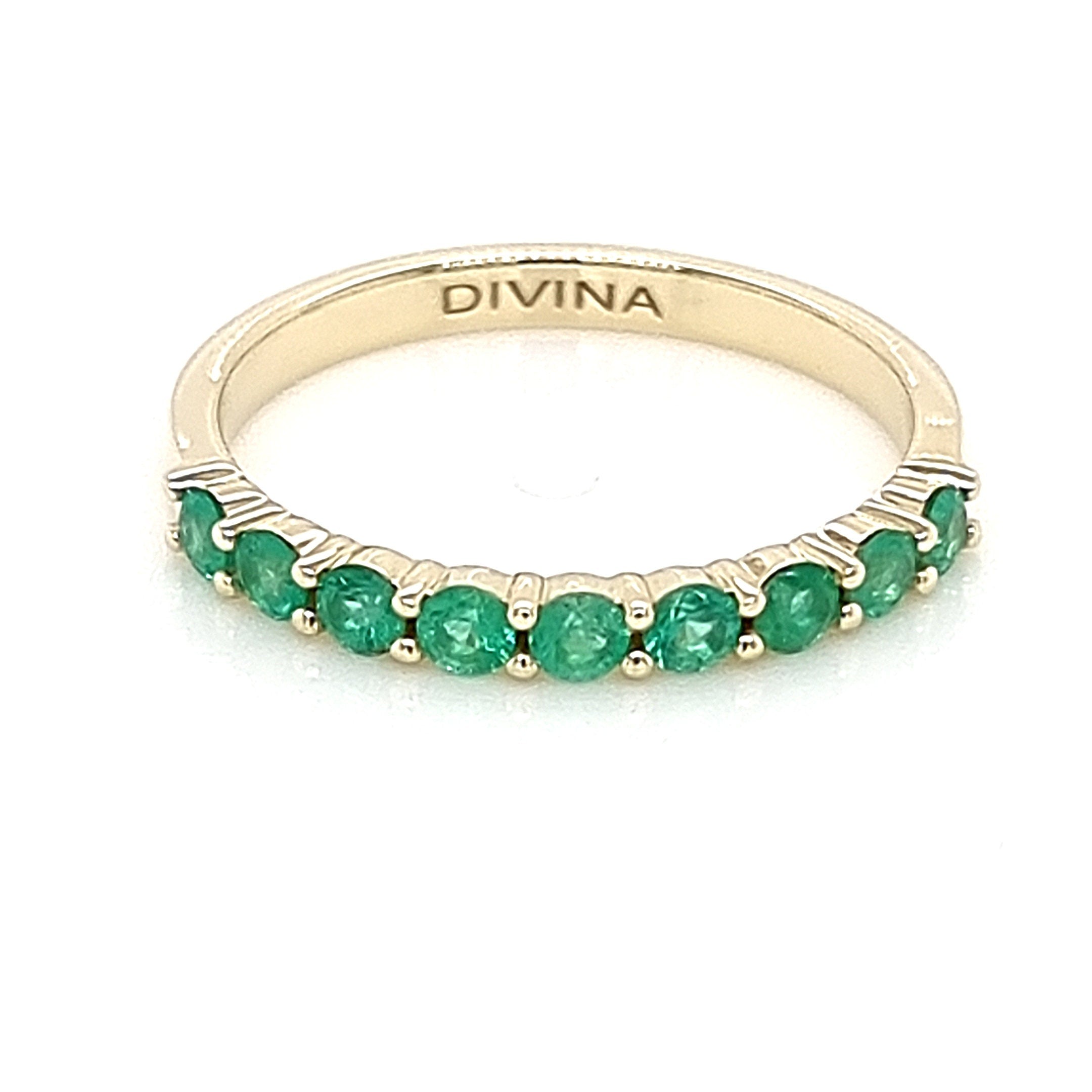 Yellow Gold Ring Band with Round Natural Emeralds in Half Shank Arrangement