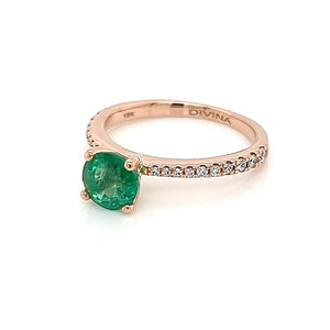 Solitaire Round Emerald Ring with Accent White Diamonds on the Shank in 18K Rose Gold