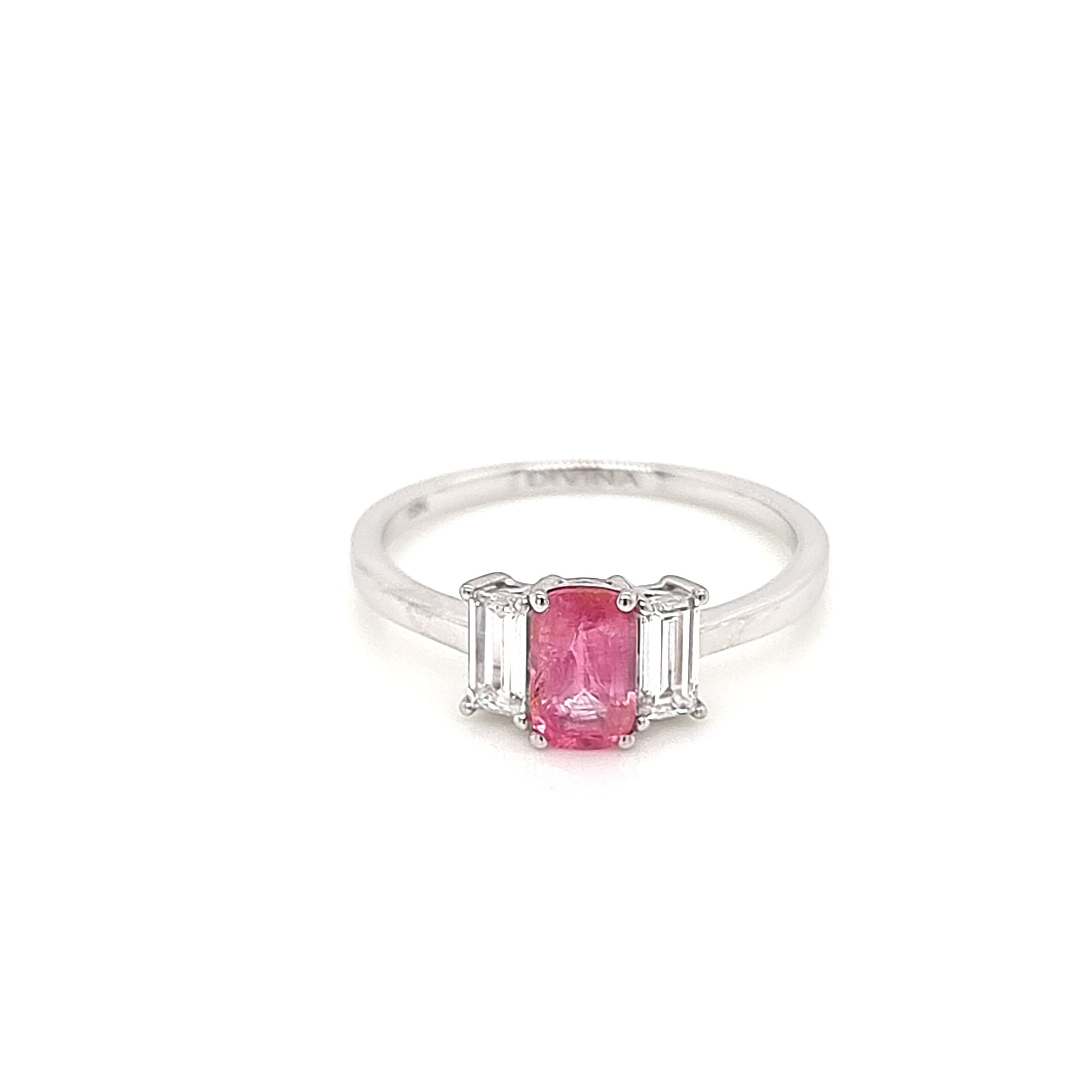 18K White Gold Trilogy Ring with Diamonds and Pink Spinel