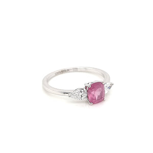 18K White Gold Trilogy Ring with Pearshape Lab Grown Diamonds and a Milky Pink Natural Spinel