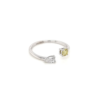 Toi Moi Style Ring in 18K White Gold with Yellow Round Diamond and White Pearshape Diamond