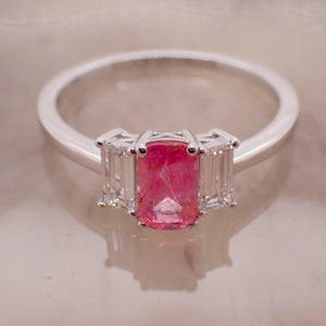 18K White Gold Trilogy Ring with Diamonds and Pink Spinel