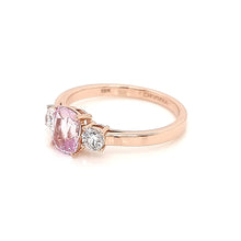 Load image into Gallery viewer, Trilogy 18K Pink Gold Ring with Lab Grown Diamonds and Pastel Pink Spinel
