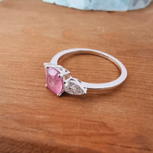 Load image into Gallery viewer, 18K White Gold Trilogy Ring with Pearshape Lab Grown Diamonds and a Milky Pink Natural Spinel

