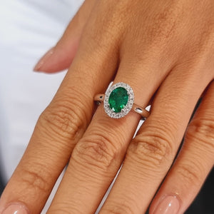 Emerald Halo Ring with White Diamonds made in 9K White Gold