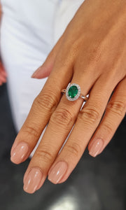 Emerald Halo Ring with White Diamonds made in 9K White Gold