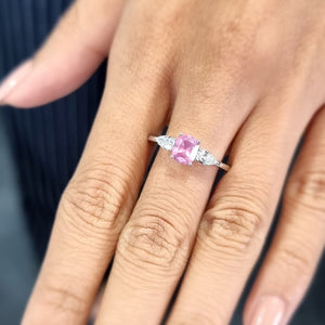 18K White Gold Trilogy Ring with Pearshape Lab Grown Diamonds and a Milky Pink Natural Spinel
