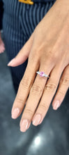Load image into Gallery viewer, 18K White Gold Trilogy Ring with Pearshape Lab Grown Diamonds and a Milky Pink Natural Spinel

