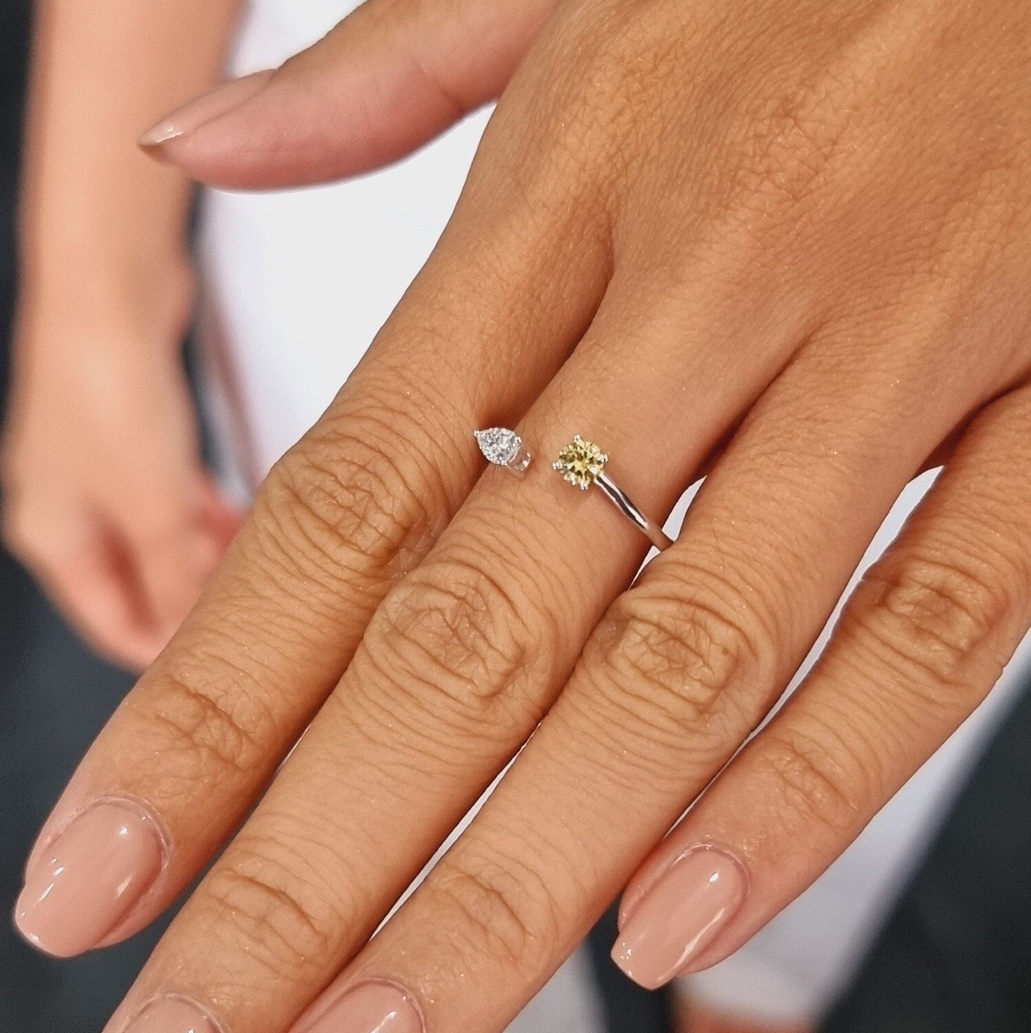 Toi Moi Style Ring in 18K White Gold with Yellow Round Diamond and White Pearshape Diamond